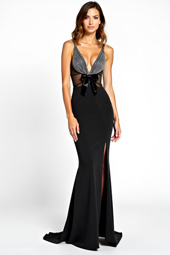 Black Mermaid V-Neck Bow Long Beaded Graduation Dress with Slit