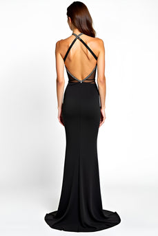 Black Mermaid V-Neck Bow Long Beaded Graduation Dress with Slit