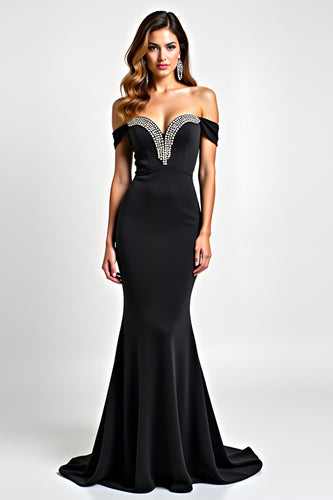 Black Mermaid Long Off the Shoulder Cut-Out Beaded Graduation Dress