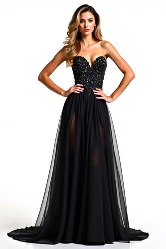 Black A Line Long Tulle Strapless Beaded Graduation Dress