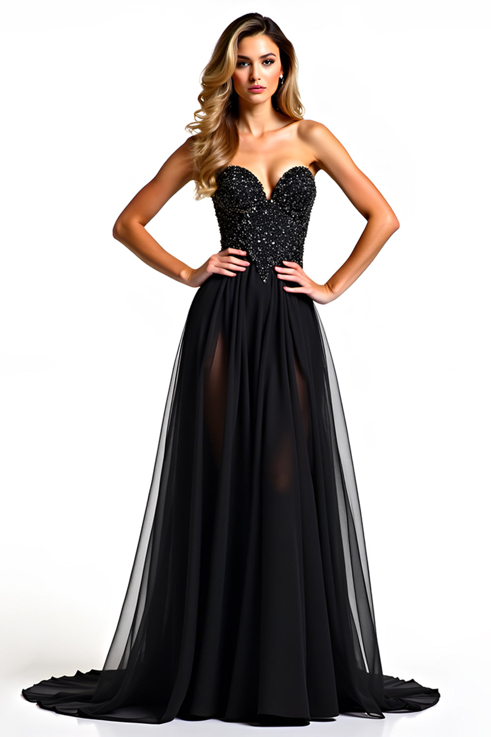 Black A Line Long Tulle Strapless Beaded Graduation Dress