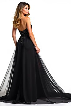 Black A Line Long Tulle Strapless Beaded Graduation Dress