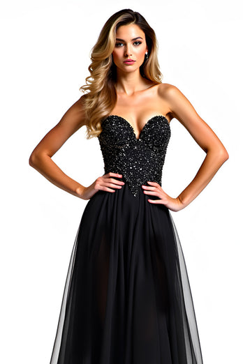 Black A Line Long Tulle Strapless Beaded Graduation Dress