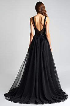 Black A Line Long Tulle Sequins Backless Graduation Dress