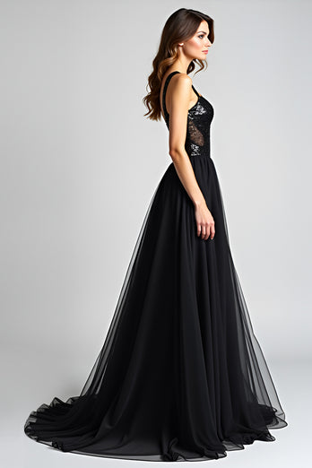 Black A Line Long Tulle Sequins Backless Graduation Dress