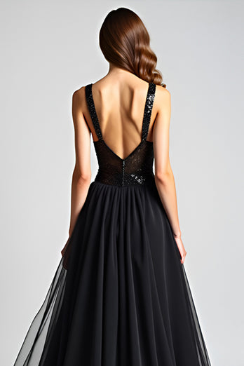 Black A Line Long Tulle Sequins Backless Graduation Dress