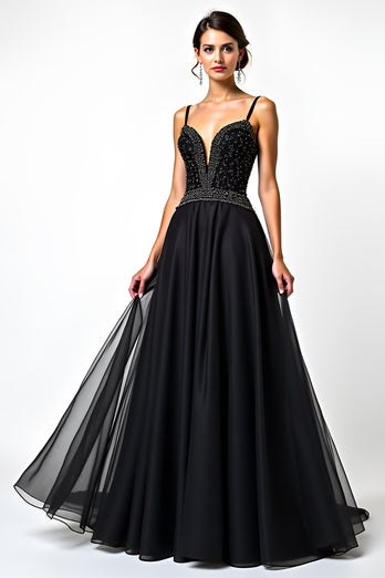 Black A Line Long Beaded Tulle V-Neck Graduation Dress