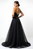 Load image into Gallery viewer, Black A Line Long Beaded Tulle V-Neck Graduation Dress