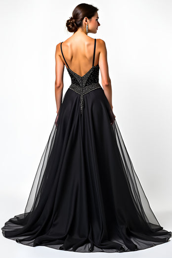 Black A Line Long Beaded Tulle V-Neck Graduation Dress