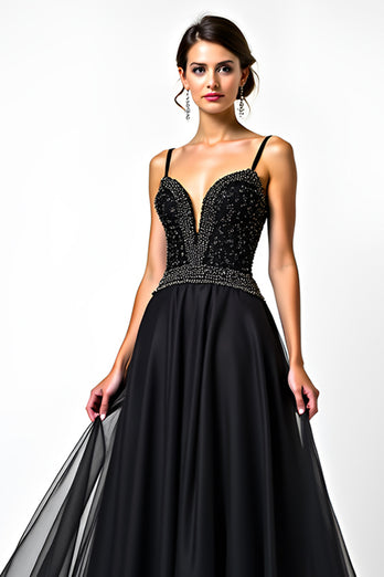 Black A Line Long Beaded Tulle V-Neck Graduation Dress