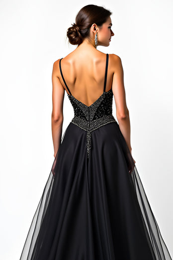 Black A Line Long Beaded Tulle V-Neck Graduation Dress