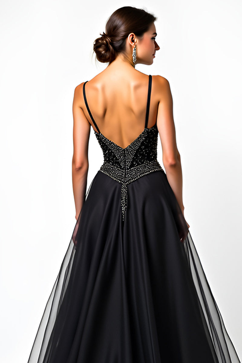 Load image into Gallery viewer, Black A Line Long Beaded Tulle V-Neck Graduation Dress