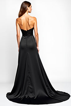 Black Strapless Corset Long Graduation Dress with Slit