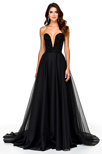 Black Sweetheart Tulle Deep V-Neck Long Graduation Dress