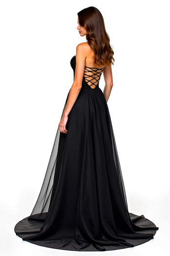 Black Sweetheart Tulle Deep V-Neck Long Graduation Dress