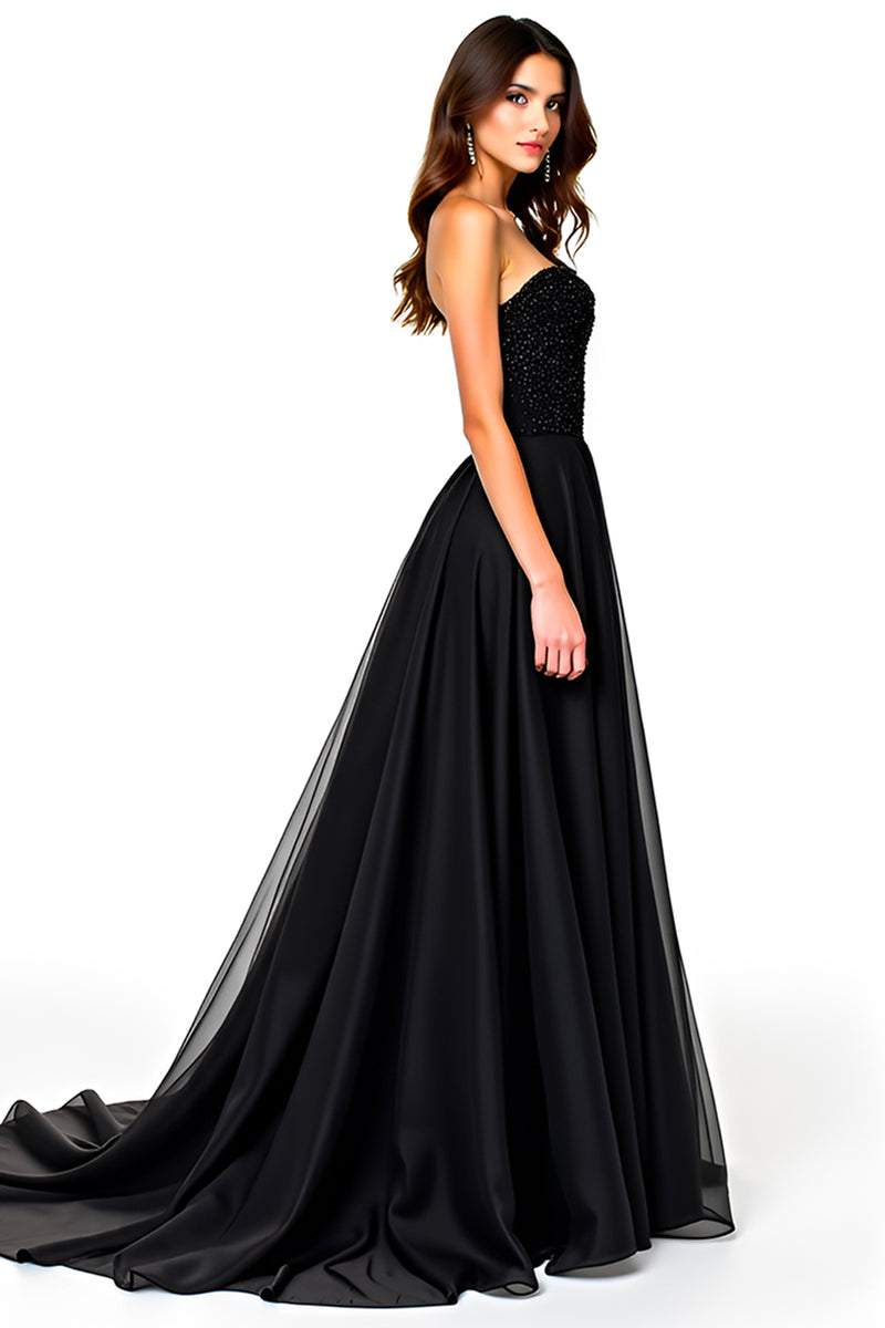 Load image into Gallery viewer, Black Sweetheart Tulle Deep V-Neck Long Graduation Dress