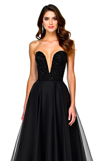 Black Sweetheart Tulle Deep V-Neck Long Graduation Dress