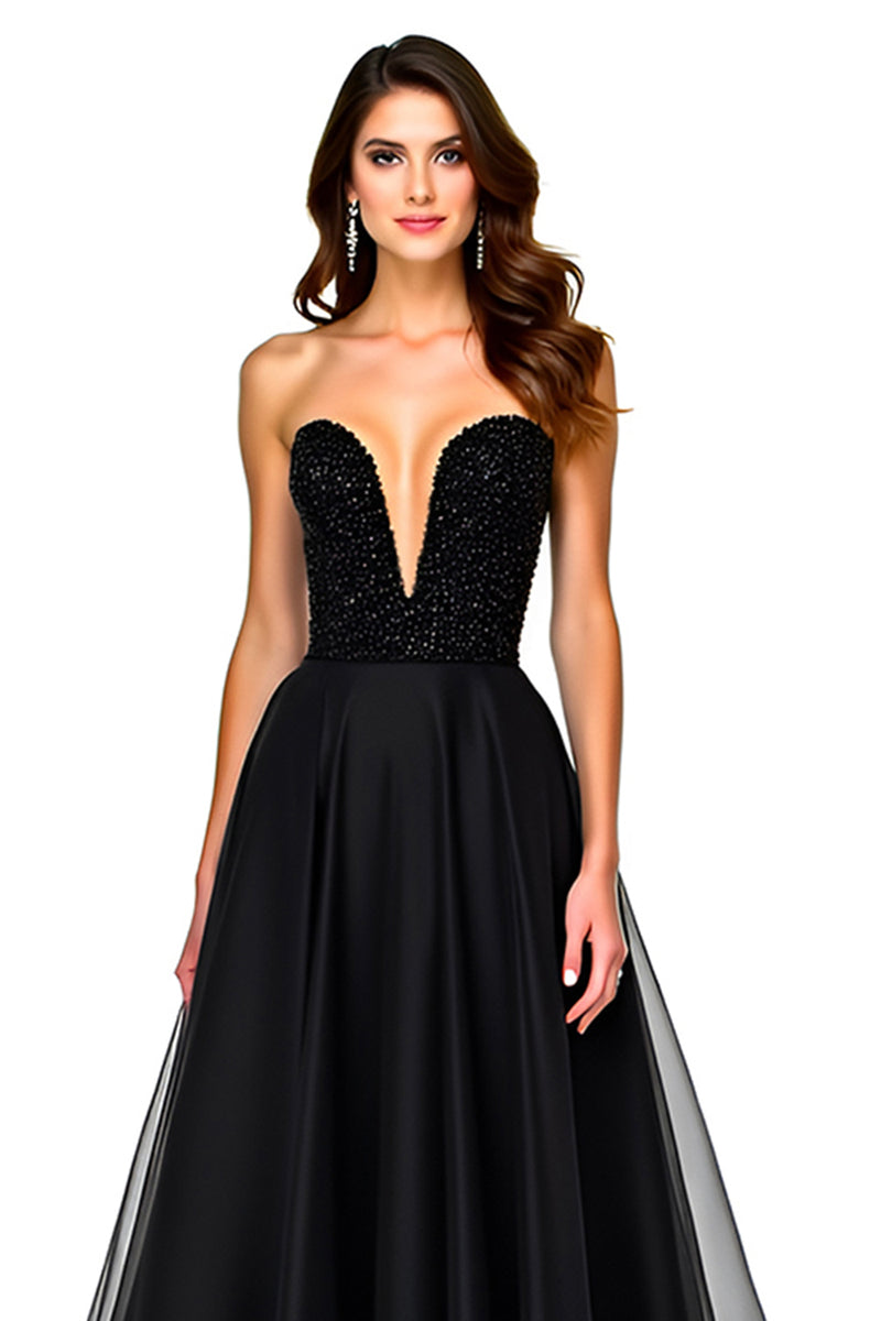 Load image into Gallery viewer, Black Sweetheart Tulle Deep V-Neck Long Graduation Dress