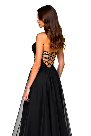 Black Sweetheart Tulle Deep V-Neck Long Graduation Dress