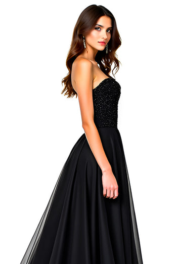 Black Sweetheart Tulle Deep V-Neck Long Graduation Dress