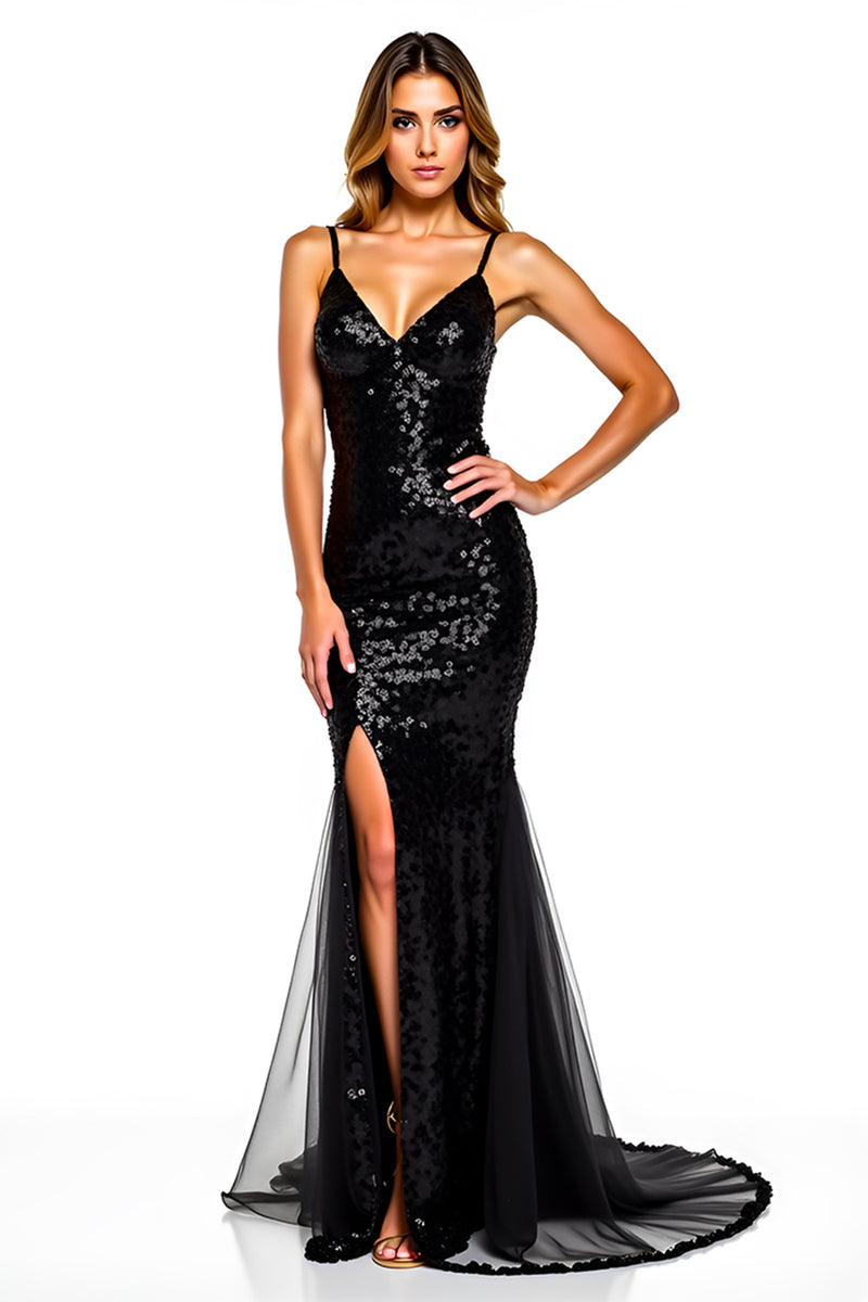 Load image into Gallery viewer, Sparkly Mermaid Sequins Long Tulle Graduation Dress with Slit