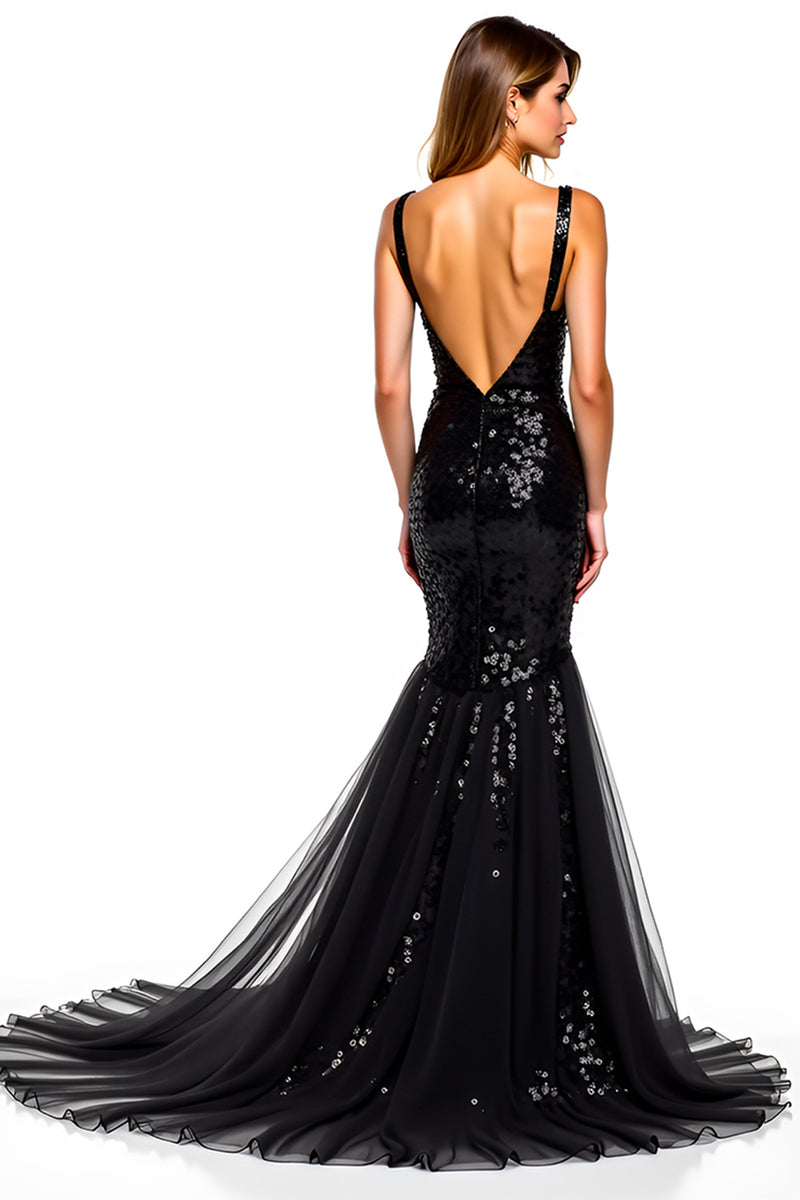 Load image into Gallery viewer, Sparkly Mermaid Sequins Long Tulle Graduation Dress with Slit