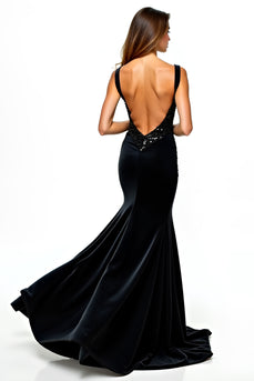 Black Mermaid Beaded V-Neck Long Graduation Dress with Slit