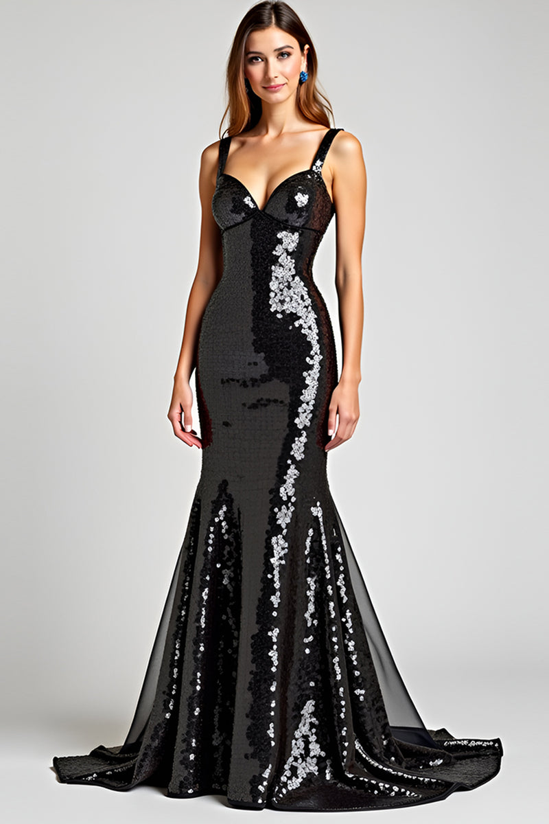 Load image into Gallery viewer, Sparkly Mermaid Sequins Crossed Straps Back Long Graduation Dress