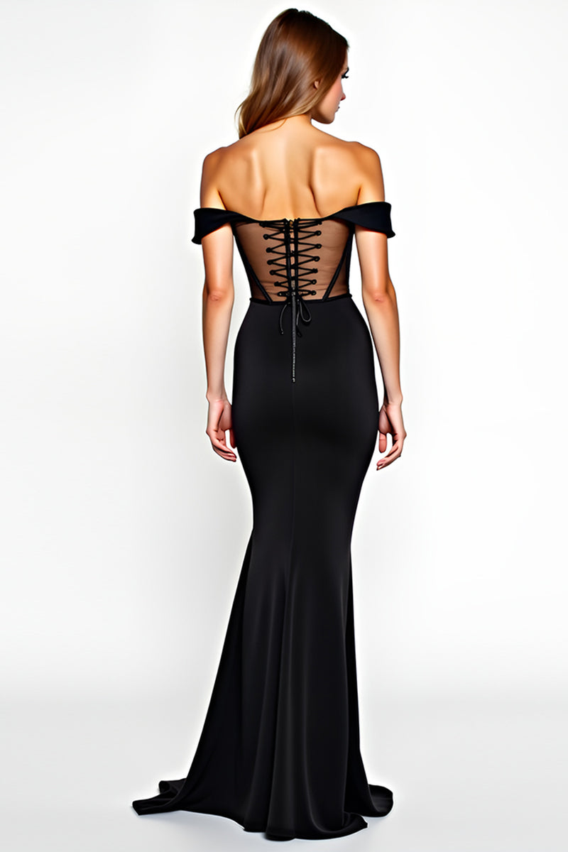 Load image into Gallery viewer, Black Mermaid Off the Shoulder Long Graduation Dress with Slit