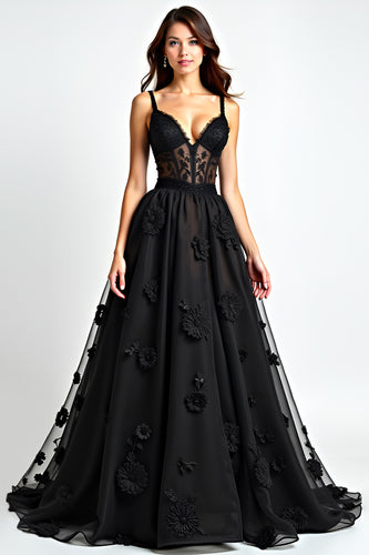 Black A Line Lace Corset Long Appliques Graduation Dress