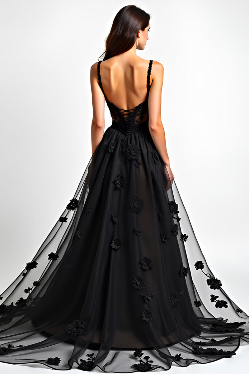 Load image into Gallery viewer, Black A Line Lace Corset Long Appliques Graduation Dress