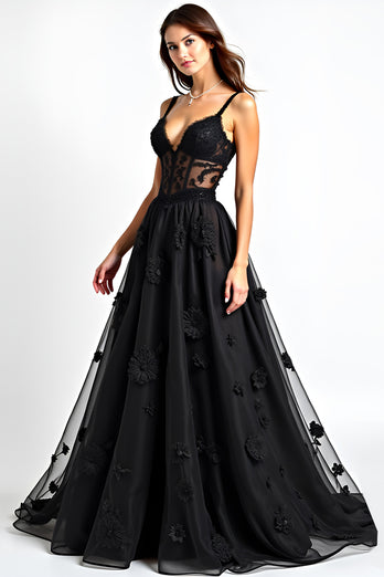 Black A Line Lace Corset Long Appliques Graduation Dress