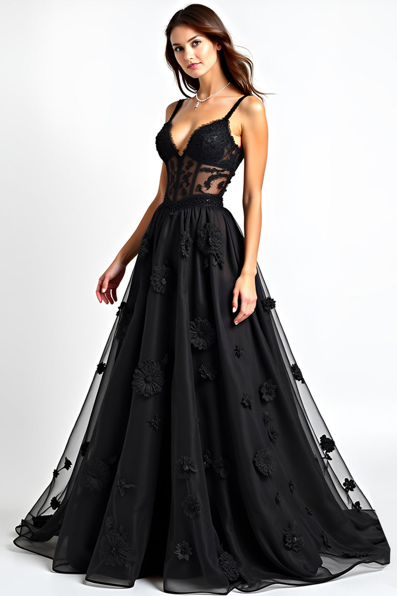 Load image into Gallery viewer, Black A Line Lace Corset Long Appliques Graduation Dress