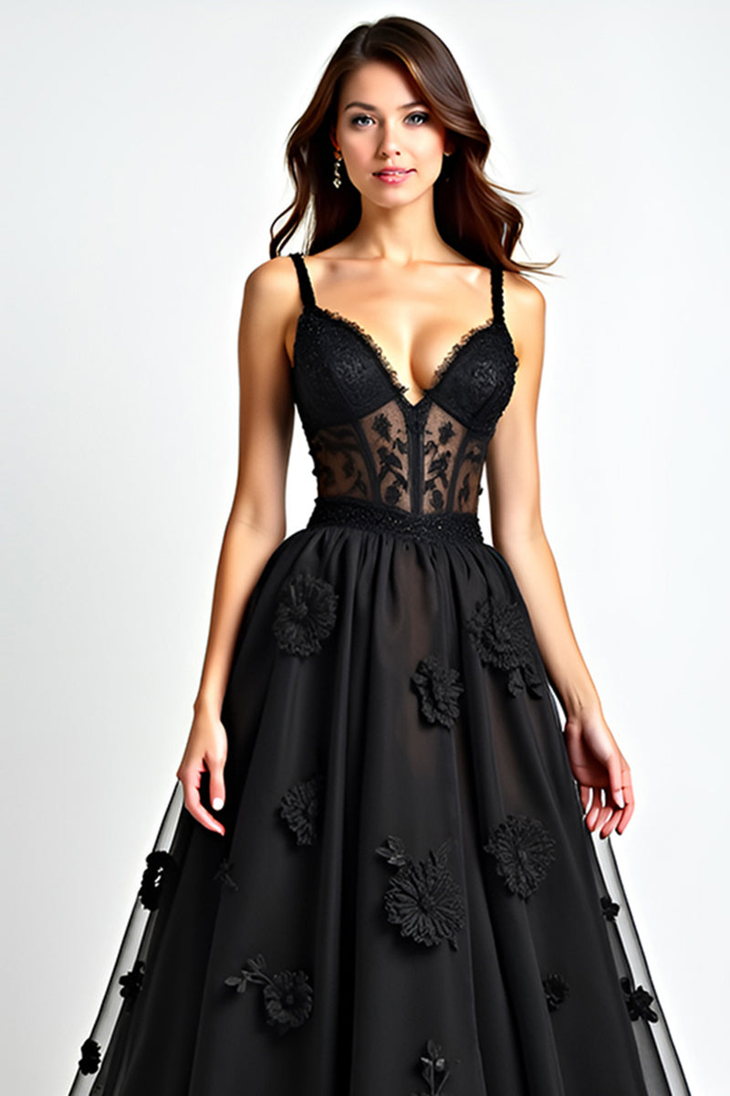 Load image into Gallery viewer, Black A Line Lace Corset Long Appliques Graduation Dress