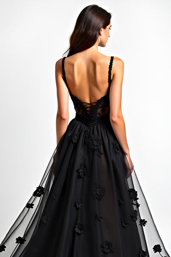 Black A Line Lace Corset Long Appliques Graduation Dress