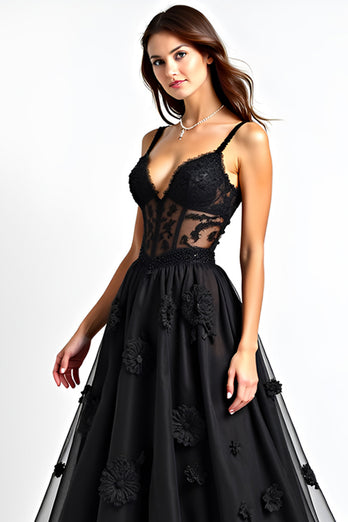 Black A Line Lace Corset Long Appliques Graduation Dress