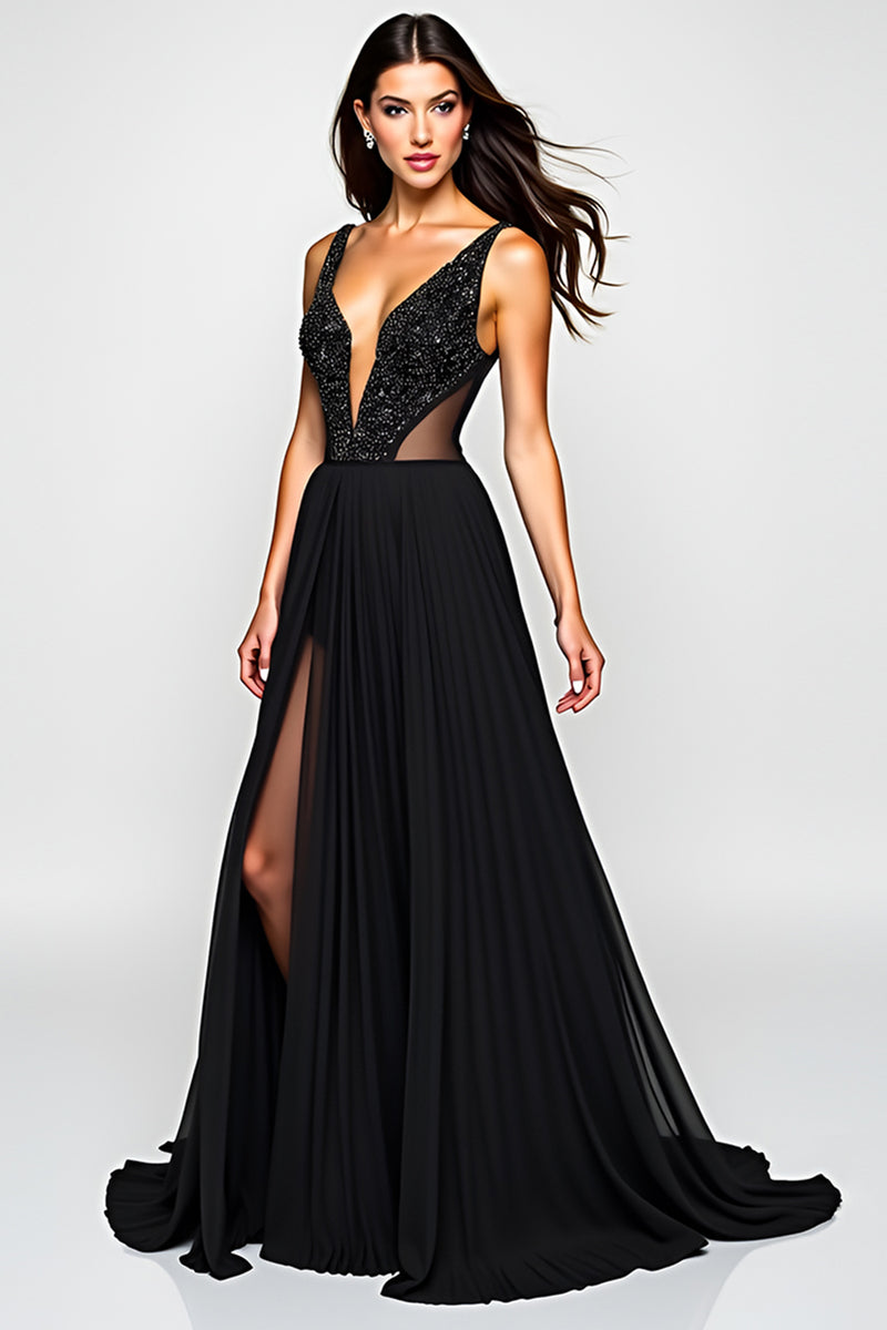 Load image into Gallery viewer, Black A Line Cut-Out Long Beaded Graduation Dress with Slit