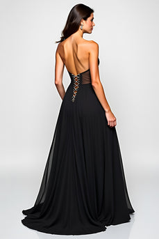 Black A Line Cut-Out Long Beaded Graduation Dress with Slit