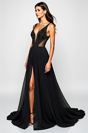 Black A Line Cut-Out Long Beaded Graduation Dress with Slit