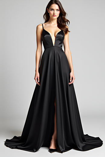 Black A Line Deep V-Neck Long Satin Graduation Dress with Slit