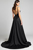 Load image into Gallery viewer, Black A Line Deep V-Neck Long Satin Graduation Dress with Slit