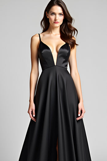 Black A Line Deep V-Neck Long Satin Graduation Dress with Slit