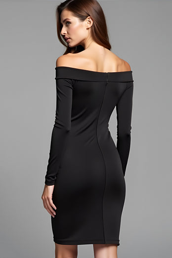 Black Bodycon Off the Shoulder Short Graduation Dress with Long Sleeves