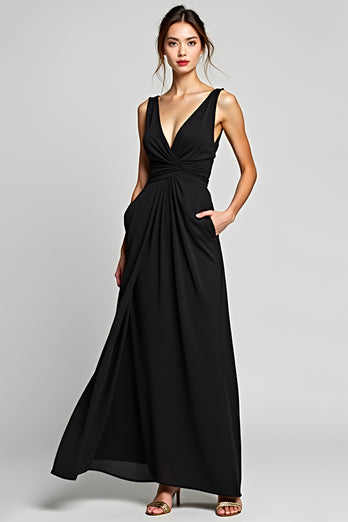 Black A Line Deep V-Neck Long Chiffon Ruched Graduation Dress