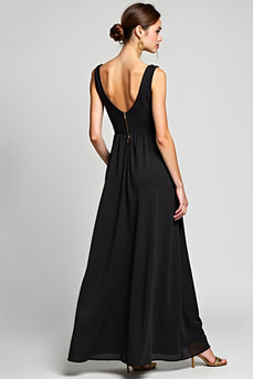 Black A Line Deep V-Neck Long Chiffon Ruched Graduation Dress