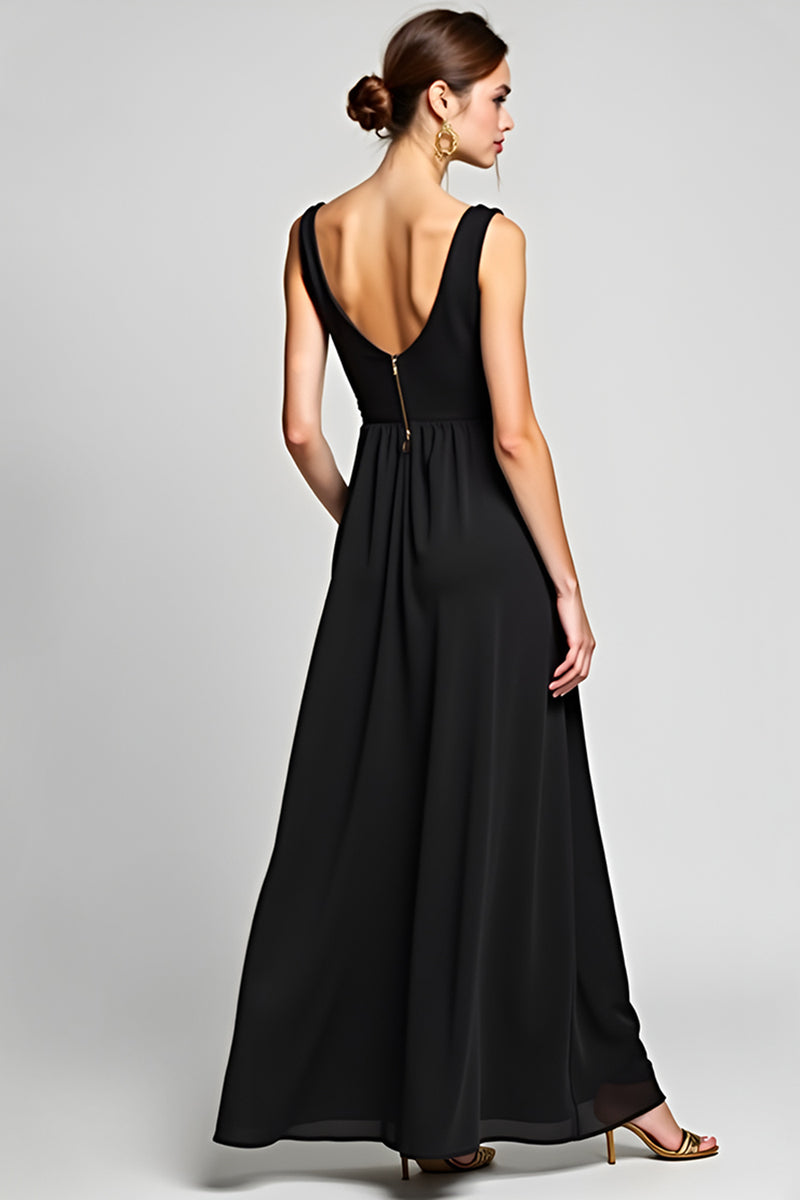 Load image into Gallery viewer, Black A Line Deep V-Neck Long Chiffon Ruched Graduation Dress