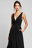 Load image into Gallery viewer, Black A Line Deep V-Neck Long Chiffon Ruched Graduation Dress