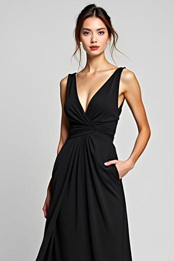 Black A Line Deep V-Neck Long Chiffon Ruched Graduation Dress