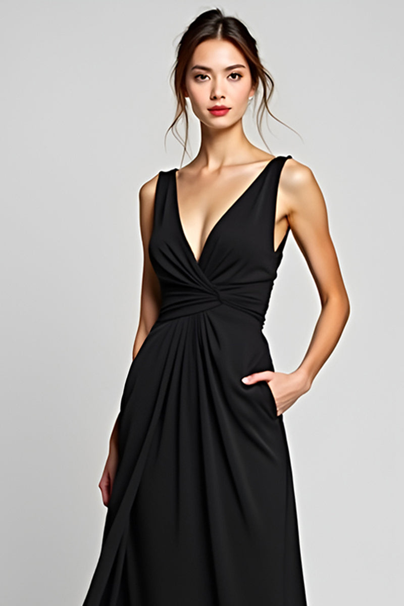 Load image into Gallery viewer, Black A Line Deep V-Neck Long Chiffon Ruched Graduation Dress