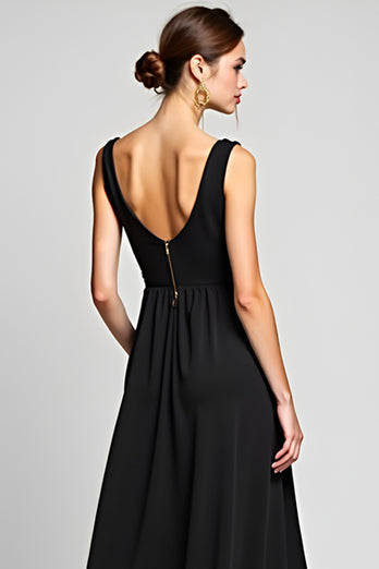 Black A Line Deep V-Neck Long Chiffon Ruched Graduation Dress